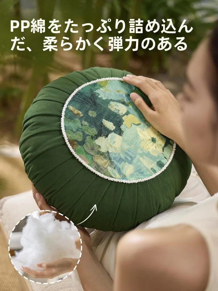 高級感溢れる丸型クッション：新中式デザインでリビングに融合する緑色ソファ用枕
