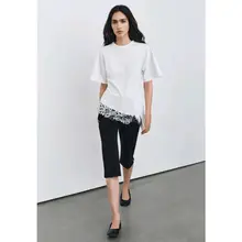 春季新作 レディース タイトフィット ラウンドネックショートスリーブレース装飾 アシンメトリック裾Tシャツ