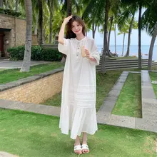 米白色のゆったりとしたウエストリボン付きフレアワンピース【清楚なデザイン・夏用】