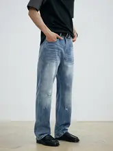 破れデザインのユーズド風デニムパンツ【コットン混・メンズ・夏用・ワイドストレート】