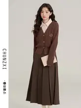 レトロアートスタイルニットセーターとスカート【春の学院風・おしゃれなコーディネート】（セットアップ対応）