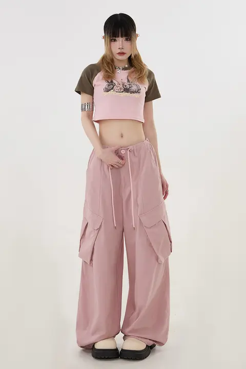 カーゴパンツ ワイドジョガー ユニセックス ドローコード 薄手 大型ポケット ブラック アメカジ ストリート ダンスウェア 「Remedie」