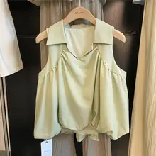 フレンチスタイル 薄手ノースリーブシャツ【グリーン・ショート丈・フリル付き】