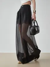 黒の二重シースルー高腰ワイドパンツ【柔らかなドレープ感・フィット】（セットアップ対応）