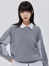 デザイン性の高い菱形パッチワークのストライプニットプルオーバー【春秋用・ラウンドネック・ルーズフィット・女性用】