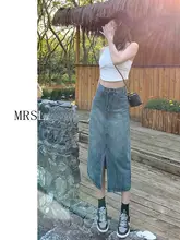 ハイウエストデザインのデニムタイトスカート【スリット入り・Aライン・夏用・女性用】（セットアップ対応）