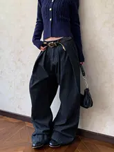 美式レトロ風3タックストライプカジュアルパンツ【Aライン・黒・ワイドレッグ】（セットアップ対応）