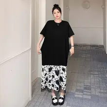 ワンピース風デザインの大きいサイズTシャツロングドレス【カジュアル・膝下丈・短袖・フィット】（セットアップ対応）