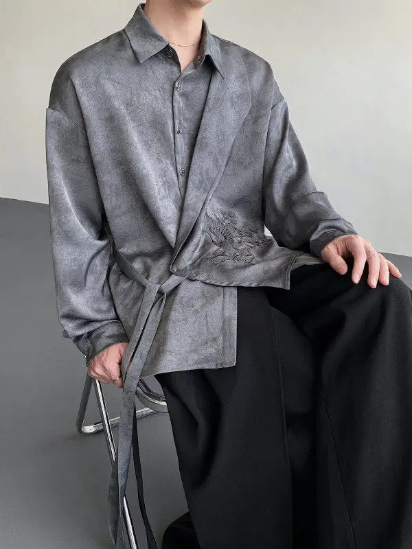 中華風デザイン 鶴刺繍のシルクシャツ：長袖ルーズフィットで夏の涼感を実現