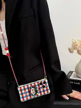 スマホケース 斜め掛け ショルダーチェーン スタンド付き ストラップ付き ヴィンテージ 赤青チェック柄 多機種対応