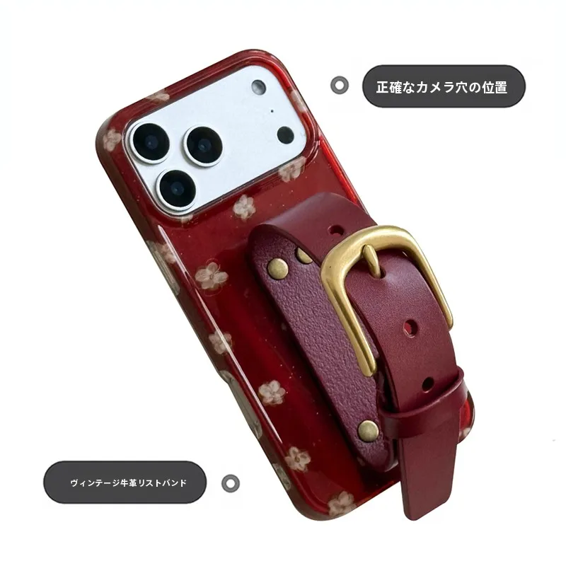 レトロ花柄の牛革腕時計型ケース：iPhoneに最適な保護とインスタ風デザイン
