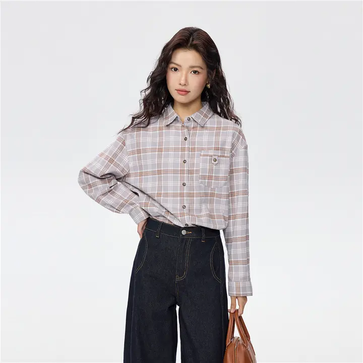 アメリカンスタイルのコットンフランネルチェックシャツ【長袖・ルーズフィット】