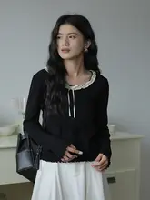 レース飾りの長袖ニットトップス【女性用・フィットデザイン・春用】
