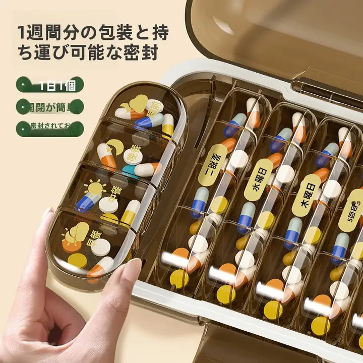 携帯用 薬分けボックス【1週間分・大容量・食事リマインダー付き】