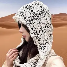 ハンドメイド透かし編みの多用途ショール帽子【夏の旅行・撮影用・ニットデザイン】（セットアップ対応）