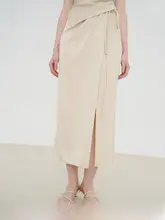 抽绳デザインのひだ付きラップスカート【涼感のあるアセテート・スタイル】