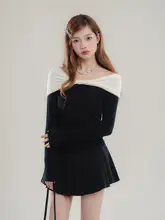 ビビッドカラーのリボン付きオフショルダー長袖Tシャツ【フィット感・秋用】