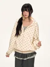レトロドットデザインのフード付きトップス【女性用・カジュアルスタイル・小さいサイズ対応】（セットアップ対応）