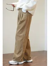 高ウエストのゆったりしたコットンコーデュロイのカキ色ストレートワイドパンツ【女性用・米白色・カジュアル】（セットアップ対応）