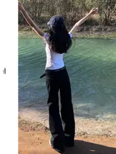 レディース アメリカンスタイル ハイウエストフレアデニムパンツ【ロング丈・ワイドレッグ・スリム見せ】