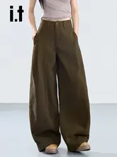 レトロブラウンデザインのデニムパンツ【夏用・ワイドレッグ・カジュアル通勤】