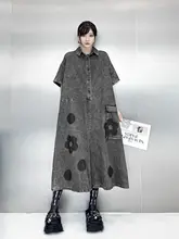ユニークデザインの復古デニムオールインワン【短袖・フラワープリント・ゆったりシルエット】（セットアップ対応）