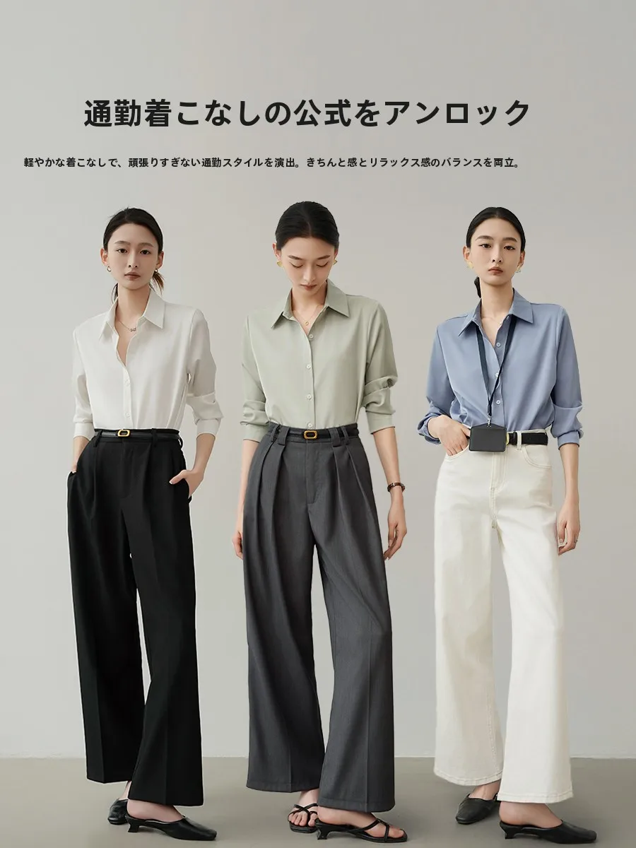 サテン素材の白いシャツ：ビジネス通勤と面接対応に最適な女性用長袖シャツ