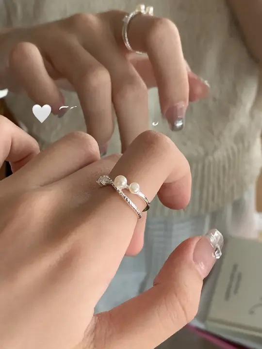 デザイン性のあるオープンリング【S925純銀・パール・ダイヤ付き】