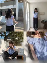 レース付きリボンカラーのストライプ半袖シャツ【女性用・夏用・ゆったりデザイン】
