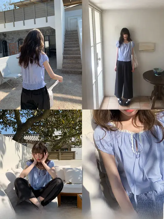 レース付きリボンカラーのストライプ半袖シャツ【女性用・夏用・ゆったりデザイン】