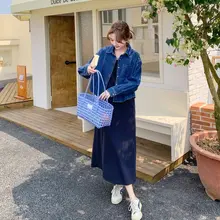 デニムジャケット風ロングドレス【デザイン性高い・ノースリーブ・秋用】（セットアップ対応）