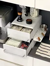 カフェコーナーをリフォーム！テーブル上の引き出し付きコーヒーカップ収納棚【コーヒーメ ーカー置き台】