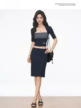 ストライプ柄のドッキングニットトップス【中袖・半袖・スカート付き】（セットアップ対応）
