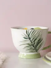 ブルーリリーハウス 陶器製グリーンリーフマグカップ【大容量・朝食用・オートミール対応】