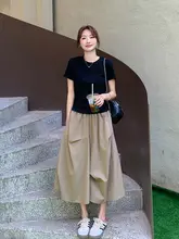 甘美な黒のTシャツとスカート【夏用・優雅なスタイル・体型カバー】（セットアップ対応）