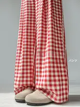 赤いチェック柄パンツ【高腰・ゆったりしたワイドレッグ・カジュアル】（セットアップ対応）