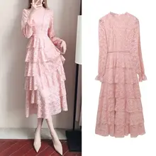 エレガントなレースドレス【ロング丈・ウエストシェイプ・秋用】