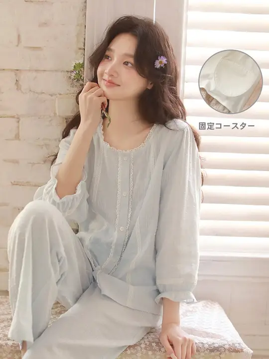 春夏用の薄手コットンパジャマ【胸パッド付き・七分袖・おしゃれなデザイン・室内外兼用】