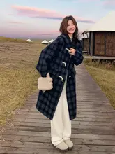 復古チェックデザインの両面ラムウールコート【フード付き・ミディ丈・秋冬用】