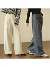 高腰でゆったりとしたデニム風の梨型体型カジュアルストレートパンツ【天絲と綿麻混合・秋用】（セットアップ対応）