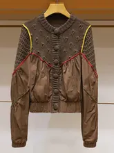 トレンド感満載のバイカラーラインニットパネル長袖ベースボールジャケット