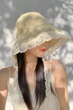 レース付きリボンデザイン レディース草帽【夏用・ビーチ・日焼け防止】