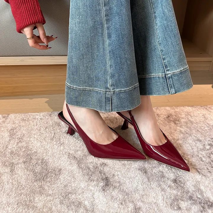 シューズ【ワインレッド・エナメル・バックストラップ・ハイヒール・フレンチスタイル・オフィス用】