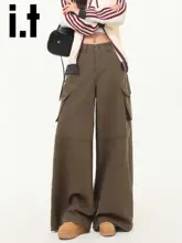 夏用 デザイン性のあるカーキ色デニムパンツ【フィット・ワイドレッグ・カーゴスタイル】
