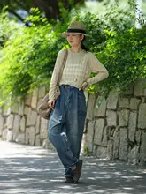 コットン製 水洗い加工の工装腰帯デニムパンツ【ストレートフィット・レディース】