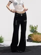 フレアパンツ レディース デニム リベット パッチワーク ブラック スリム 着痩せ アメカジ ヴィンテージ「ONLPP」