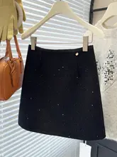 グレーのスパンコール付きウールミディスカート【ハイウエスト・Aライン・秋冬用】