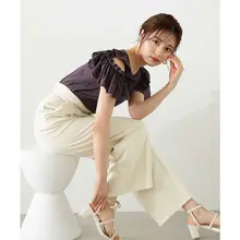 春夏用通勤スタイルのハイセンスなベルト付きフラワーバッグパンツ【ワイドレッグ・九分丈・女性用】