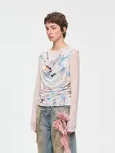 花柄3Dレ ース付きプリント透け感のある長袖Tシャツ【女性用・夏用・リバーシブル】