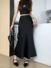 紫色 酢酸サテンフィッシュテールスカート【ハイウエスト・Aライン・フリル付き・夏用】